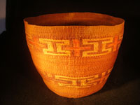 Native American Indian antique Tlingit basket with wonderful geometric bands around the sides, featuring red crosses, c. 1900. Main photo of Tlingit basket.