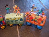 Mexican vintage folk art, and Mexican vintage pottery and ceramics, a pottery train with colorful Mexican passengers, attributed to the very famous folk artist, Candelario Medrano, Santa Cruz de las Huertas, Jalisco, c. 1960. This is a wonderful piece of folk art and an excellent example of Medrano's work! Photo of another two cars of train.