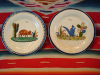 EE-25: Mexican vintage pottery and ceramics, a pair of plates with a lovely beige background, from Tlaquepaque, Jalisco, c. 1940's. One plate features a wonderful piggy and the other a lovely blue squirrel. Condition is very good; there are some very small and slight dents in the tin, which are almost unnoticeable and do not detract from this piece! Size: both plates are 7 3/4 inches diameter. Price: $125 for the pair. 