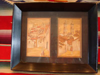 Mexican vintage straw-art or popotillo (popote art), two lovely scenes mounted in a black frame, c. 1920's. The straw-art scenes are created using thousands of minute pieces of straw, dyed various colors. Main photo.