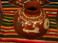 Mexican vintage pottery and ceramics, a lovely pottery jar or olla with wonderful decorations, including a whimsical rabbit, Michoacan, c. 1950's.  Main photo of the pottery from Michoacan.