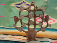 Mexican vintage folk art, and Mexican vintage pottery and ceramics, a lovely burnished tree-of-life (arbol de la vida) candlelabra with lovely decorations, by the famous folk artist Heron Martinez, Acatlan, Puebla, c. 1950's. Main photo of the tree-of-life by Heron Martinez.