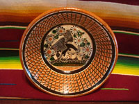 Mexican vintage pottery and ceramics, a beautiful pottery bowl with a petatillo background (cross-hatching, resembling a straw mat, or petate) and very fine artwork, signed Jose Bernabe, Tonala or San Pedro Tlaquepaque, c. 1950's. Main image of the bowl.