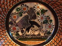 Mexican vintage pottery and ceramics, a beautiful pottery bowl with a petatillo background (cross-hatching, resembling a straw mat, or petate) and very fine artwork, signed Jose Bernabe, Tonala or San Pedro Tlaquepaque, c. 1950's. Closeup photo of the eagle at the center of the bowl.
