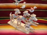 Mexican vintage folk art, and Mexican vintage pottery and ceramics, stacking or leaning dogs with birdies flying above their hats, attributed to the great folk artist, Heron Martinez, Acatlan, Puebla, his "white period", c. 1940's. Main photo of the doggies by Heron Martinez.