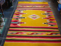 Mexican vintage textiles, serapes, huipiles, a lovely woven woolen textile with a beautiful yellow background and wonderful decorations, Tlaxcala, c. 1940. Main photo of the textile.