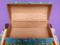 Mexican vintage folk art, a very beautiful lacquer-ware chest or baul with a wonderful blue background and beautiful artwork, Uruapan, Michoacan, c. 1940's.  Photo of the chest with the lid raised, showing the inside of the chest.