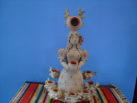 Mexican vintage folk art, a lovely pottery statue of a woman with a crown of deer and deer at the hem of her skirt, Atzompa, Oaxaca, c. 1960.  Main photo of the woman.