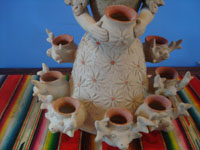Mexican vintage folk art, a lovely pottery statue of a woman with a crown of deer and deer at the hem of her skirt, Atzompa, Oaxaca, c. 1960.  A third view of the statue.