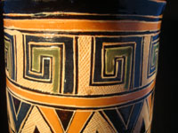 Mexican vintage pottery and ceramics, a pottery vase from Tonala, Jalisco, c. 1930. The vase has wonderful Aztec designs and very fine petatillo (straw-like hatching in the background) in many areas. Closeup photo near top.