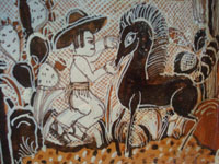 Mexican pottery and ceramics, a large rectangular pottery dish from Tonala, date December 18, 1995. The dish is signed, S. Lucano for the late Santos Lucano Neri, a famous Tonala potter and member of a famous family of potters and artisans. Another scene from the pottery dish.
