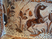 Mexican pottery and ceramics, a large rectangular pottery dish from Tonala, date December 18, 1995. The dish is signed, S. Lucano for the late Santos Lucano Neri, a famous Tonala potter and member of a famous family of potters and artisans. A scene of a campesino and his fiesty horse.