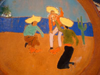 American vintage pottery, a San Jose plate from the San Jose Company in Texac, c. 1930. The plate is decorated with a scene of a Mexican cockfight, and is extremely well done. Closeup photo of main design on plate.