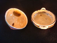 Mexican vintage pottery and ceramics and Mexican vintage folk art, a pair of small turkey casseroles from Tlaquepaque, Jalisco, c. 1930's. The pair is incredibly well made and well decorated. One of the two is signed near the wing, "Mexico". Photo showing the inside of the first casserole.