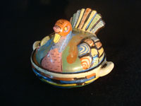 Mexican vintage pottery and ceramics and Mexican vintage folk art, a pair of small turkey casseroles from Tlaquepaque, Jalisco, c. 1930's. The pair is incredibly well made and well decorated. One of the two is signed near the wing, "Mexico". Photo showing the first turkey casserole.