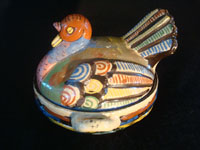 Mexican vintage pottery and ceramics and Mexican vintage folk art, a pair of small turkey casseroles from Tlaquepaque, Jalisco, c. 1930's. The pair is incredibly well made and well decorated. One of the two is signed near the wing, "Mexico". Side photo of the first casserole.