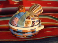 Mexican vintage pottery and ceramics and Mexican vintage folk art, a pair of small turkey casseroles from Tlaquepaque, Jalisco, c. 1930's. The pair is incredibly well made and well decorated. One of the two is signed near the wing, "Mexico". Photo showing the second turkey casserole.