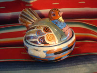 Mexican vintage pottery and ceramics and Mexican vintage folk art, a pair of small turkey casseroles from Tlaquepaque, Jalisco, c. 1930's. The pair is incredibly well made and well decorated. One of the two is signed near the wing, "Mexico". Photo showing the side of the second casserole.
