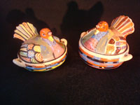 Mexican vintage pottery and ceramics and Mexican vintage folk art, a pair of small turkey casseroles from Tlaquepaque, Jalisco, c. 1930's. The pair is incredibly well made and well decorated. One of the two is signed near the wing, "Mexico". Main photo showing both turkey casseroles.