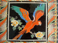 Vintage California tile and ceramics, a rare and extremely beautiful, tile table with a wonderful parrot in the center and an incredibly fine border, California, c. 1930's. A closeup photo of the parrot at the center.