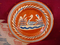 Mexican vintage pottery and ceramics, a very lovely set of three bandera-ware plates decorated with graceful birds, Tonala or San Pedro Tlaquepaque, c. 1940's. Closeup photo of the third plate.