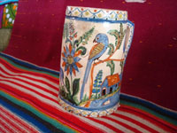 Mexican vintage pottery and ceramics, a beautiful pottery pitcher with fabulous artwork featuring graceful quetzales, birds, blue deer and ducks, surrounded by wonderful floral designs, Tonala or San Pedro Tlaquepaque, c. 1930's. A second side of the pitcher. 