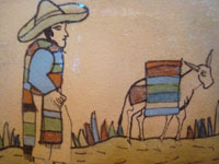 Mexican vintage pottery and ceramics, a wonderful pottery tile decorated with a scene of a campesino and his trusty burro returning from work, attributed to the great Balbino Lucano, Tonala or San Pedro Tlaquepaque, c. 1930's. Closeup photo of the front of the tile.