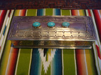 Native American Indian vintage jewelry, and Navajo silver jewelry, a beautiful rectangular box with lovely turquoise and fine stamping, silver with nickel, Arizona or New Mexico, c. 1950's. Main photo of the Navajo box.