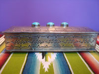 Native American Indian vintage jewelry, and Navajo silver jewelry, a beautiful rectangular box with lovely turquoise and fine stamping, silver with nickel, Arizona or New Mexico, c. 1950's. Side view of the Navajo box.