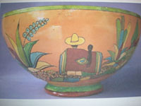 Mexican vintage pottery and ceramics, a beautiful large pottery bowl with fantastic artwork, San Pedro Tlaquepaque, c. 1930's. Main photo of the bowl.