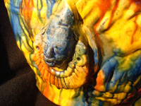 Mexican vintage pottery and ceramics, a large drip-ware bowl from Oaxaca, c. 1940. This style of drip-ware (losa goteada) is known as Mexican majollica. Closeup photo.