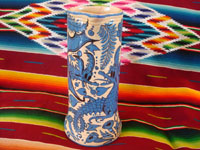 Mexican vintage pottery and ceramics, a large Fantasia-style pitcher, Tlaquepaque, c. 1930. Whimsical blue decorations on a cream-colored glaze, with dragons, flowers, leaves; all exquisitely painted. Another view of pitcher.