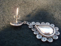 Mexican vintage silver jewelry, and vintage Taxco silver jewelry, a wonderful pair of earrings, c. 1930-40. They have exquisite silver-work and a unique tear-drop shape. Photo of the back with pin.
