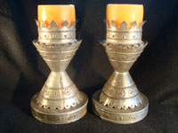 Mexican vintage tinwork art (or tin art), a pair of candle stick holders with wonderful stamping, c. 1940. These are elegant!  Another photo of pair.