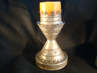 Mexican vintage tinwork art (or tin art), a pair of candle stick holders with wonderful stamping, c. 1940. These are elegant!  Closeup.