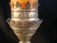 Mexican vintage tinwork art (or tin art), a pair of candle stick holders with wonderful stamping, c. 1940. These are elegant!  Another closeup.