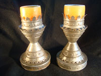 Mexican vintage tinwork art (or tin art), a pair of candle stick holders with wonderful stamping, c. 1940. These are elegant!  Main photo.