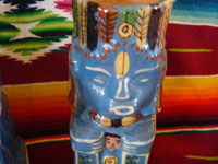 Mexican vintage pottery and ceramics, a pulque or punch set with pitcher and 5 mugs in the form of Aztec gods, c. 1940. Wonderful blue glaze with hand-painted faces and decorations on each piece. Another closeup.