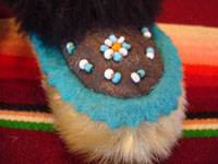 Native American Indian vintage folk art and beadwork, a pair of baby's mocassins from Alaska, probably Aleut, c. 1930-45. The mocassins feature a lovely bird design and wonderfully soft seal skin. Closeup photo of the beadwork on the toes.