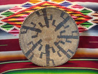 Native American Indian vintage basket, a Papago tray decorated with graceful Saguaro cacti, c. 1900. The weaving is very tight and fine, typical of earlier Papago basketry. Main photo of Papago Indian basket.