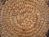 Native American Indian vintage basket, a Papago tray decorated with graceful Saguaro cacti, c. 1900. The weaving is very tight and fine, typical of earlier Papago basketry. Closeup photo of the woven start at the very center of the Papago Indian basket.