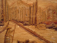 Mexican vintage straw art (popote art or popotillo), a beautiful, panoramic scene of a Mexican village, c. 1940's. Closeup photo of the woman and the trees lining the canal.