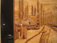 Mexican vintage straw art (popote art or popotillo), a beautiful, panoramic scene of a Mexican village, c. 1940's. Another closeup photo of the straw art scene.