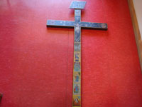 Mexican vintage devotional art, and Mexican vintage woodcarvings and masks, a beautiful wooden Animas Cross, decorated with the image of the Crucified Christ and adorned with an array of religious images, Queretaro, c. late 19th century. Main photo of the cross.