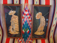 Mexican vintage straw-art (popote art or popotillo), a pair of straw-art scenes depicting a lovely China Poblana and her valiant Charro with his guitar, Mexico, c. 1930's.  Main photo of the straw art pieces.