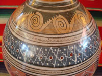 Mexican vintage pottery and ceramics, a burnished jar from Tonala, Jalisco, c. 1930. Signed, Augustin, wonderful Aztec geometric pattern. Closeup photo showing wonderful Aztec geometric designs.