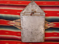 Mexican vintage devotional art and Mexican vintage tin-work art, a wonderful nicho with a retablo of Our Lady of Guadalupe; retablo on tin c. 1920. The lovely tin-work nicho is c. 1930-40, with wonderful inverted painting decorating the frame. Photo of the back side of the nicho.