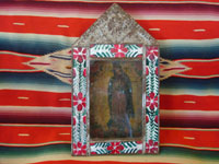 Mexican vintage devotional art and Mexican vintage tin-work art, a wonderful nicho with a retablo of Our Lady of Guadalupe; retablo on tin c. 1920. The lovely tin-work nicho is c. 1930-40, with wonderful inverted painting decorating the frame. Main photo.