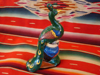 Mexican vintage pottery and ceramics, and Mexican vintage folk art, a peacock bank from Tlaquepaque, c. 1940. Beautifully hand-painted with wonderful colors. Photo of the other side of the peacock.