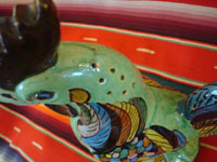 Mexican vintage pottery and ceramics, and Mexican vintage folk art, a pottery rooster from Tlaquepaque, c. 1940. Wonderfully glazed and very beautifully painted; this is an incredible piece of vintage Mexican fine/folk art!  A closeup photo showing head of rooster with small holes for toothpicks.